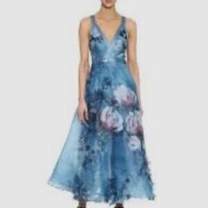 NEW Marchesa Notte 3D FLORAL SLEEVELESS PRINTED ORGANZA MIDI DRESS IN BLUE